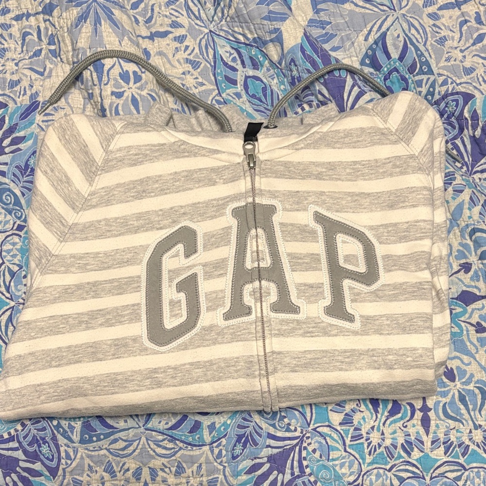 GAP Light Gray and White Striped Zip-Up Hoodie